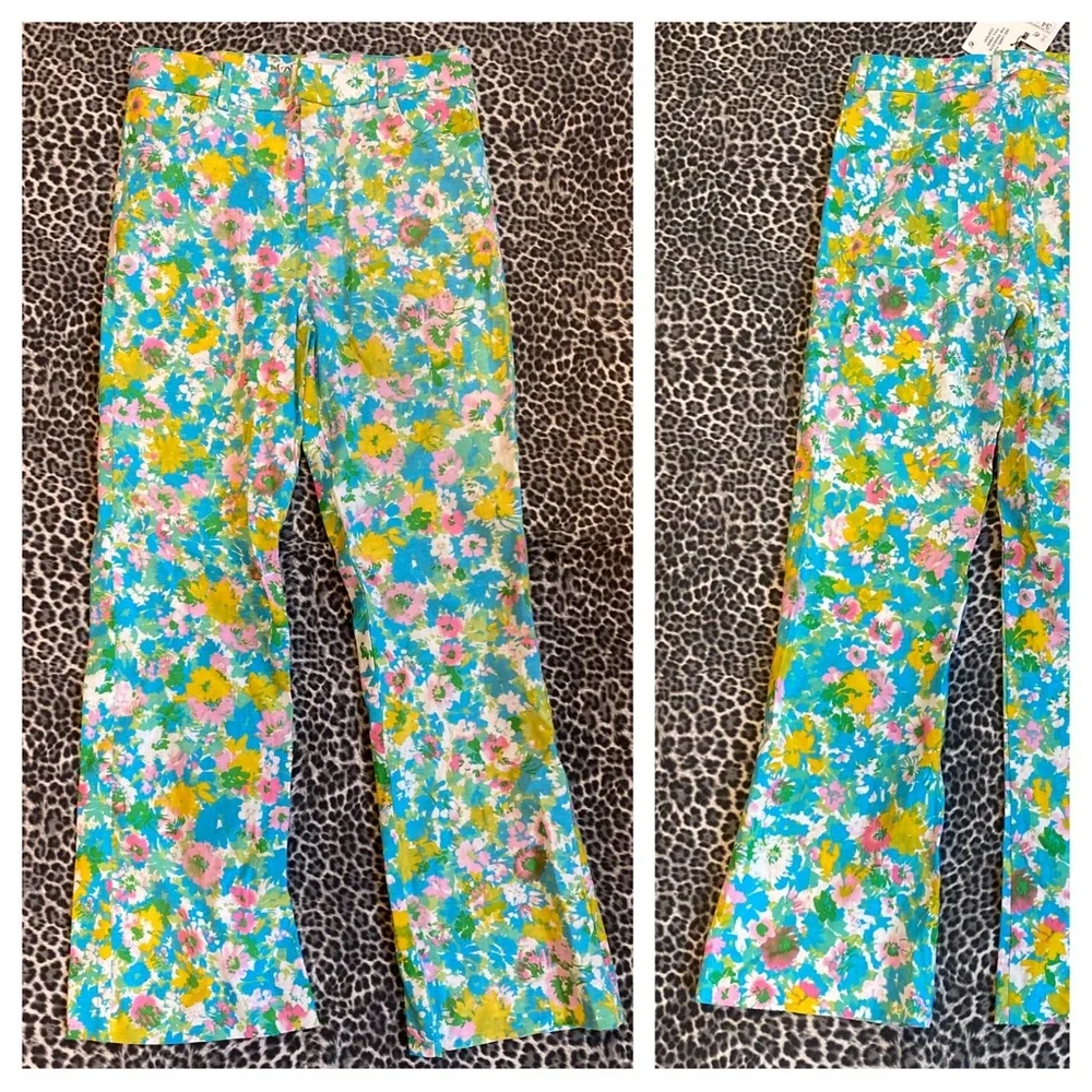 Zara Blue Green Pink Floral Linen Crop Pants Sz 2 NWT